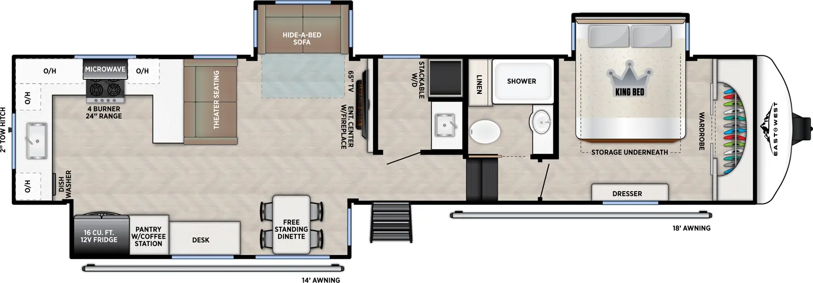 The Blackthorn 3750LK floorplan has one entry and three slide outs. Exterior features include: fiberglass exterior and 14' & 18' awning. Interiors features include: rear kitchen, free-standing dinette option and front bedroom.